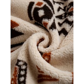 Women's Aztec Geometric Print Hooded Fleece Coat - Mid-Length Casual Winter Jacket with Front Pockets, Machine Washable & Single-Button Closure for Autumn/Winter Outings, Autumn Fashion, Ethnic Pattern Design, Durable Warmth
