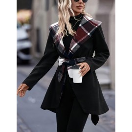 Women'S Elegant Mid-Length Winter Coat with High Neck and Plaid Patchwork Design - Warm, Lightweight, and Stylish for Office or Holiday Season, Warm Weather Jacket | Plaid Pattern Coat | Structured Coat