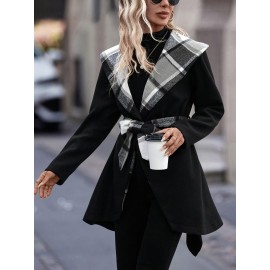 Women'S Elegant Mid-Length Winter Coat with High Neck and Plaid Patchwork Design - Warm, Lightweight, and Stylish for Office or Holiday Season, Warm Weather Jacket | Plaid Pattern Coat | Structured Coat