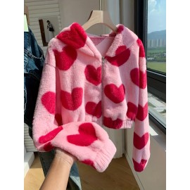 Women's Pink Heart Pattern Plush Hooded Jacket - Cozy Winter Zipper Front Casual Outerwear, Machine Washable Regular Fit Sleeve for Autumn & Winter