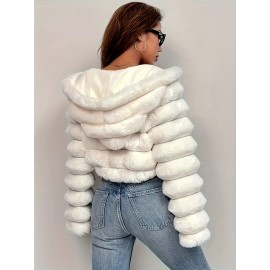 Women'S Elegant White Faux Fur Hooded Jacket - Zip-Up Mid-Length Winter Coat with Puffy Sleeves, Perfect for Fall & Winter, Stylish Layering Piece, Winter Coat