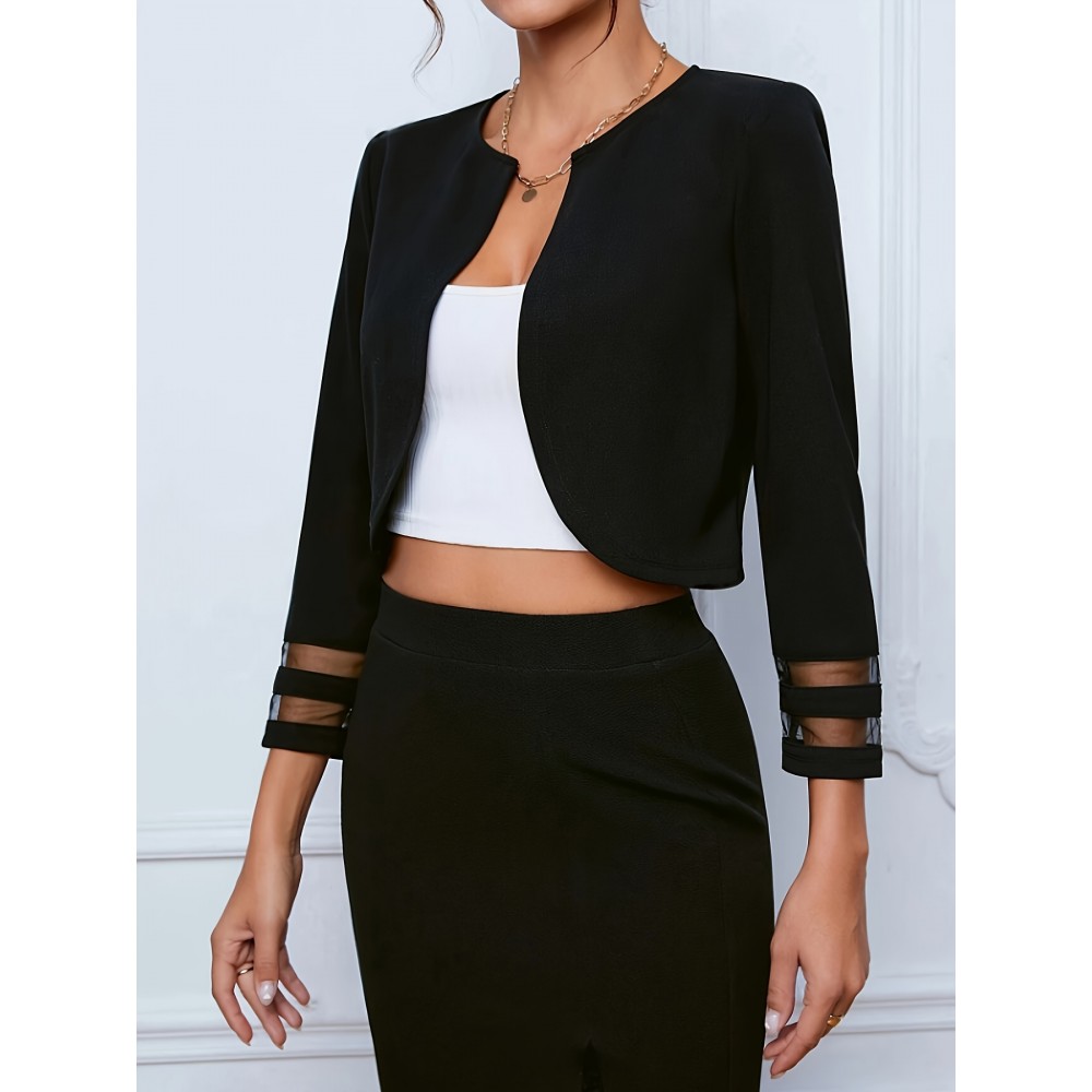 Women's Black Jacket - Elegant Lace Accent blazer, Machine Washable Office & Party Coat, Lightweight Three-Season Outerwear for Women (Spring/Fall/Summer) - Chic Women's Clothing, Versatile Fashion, Round Neckline, Sophisticated Design