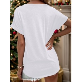 [Festive Christmas Tree Print Tee ] Women'S Christmas Tree Print T-Shirt, Polyester Blend, V-Neck, Short Sleeve, Knit Fabric, Casual Pullover with Slight Stretch, for Festive Holiday Top