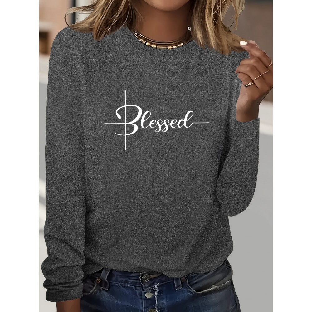 Chic Geometric Print Long Sleeve T-Shirt for Women - Casual Crew Neck, Soft Polyester, Perfect for Fall & Winter