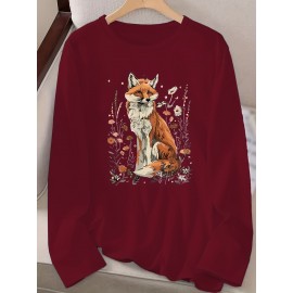 Women's Fox & Floral Graphic Print Long Sleeve T-Shirt - Soft Stretch Crew Neck Casual Top for Spring & Fall, Machine Washable Regular Fit, Medium Elasticity Shirt