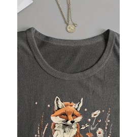 Women's Fox & Floral Graphic Print Long Sleeve T-Shirt - Soft Stretch Crew Neck Casual Top for Spring & Fall, Machine Washable Regular Fit, Medium Elasticity Shirt