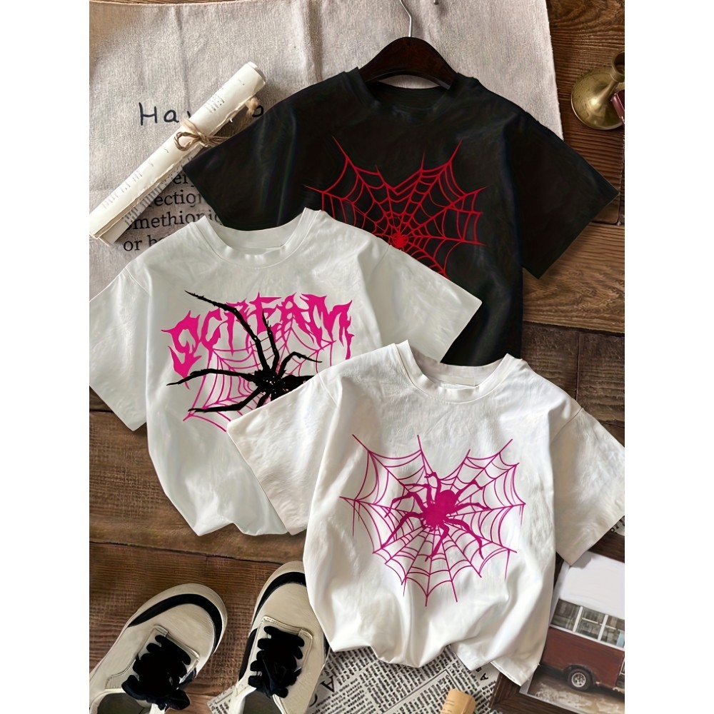 3pcs set Spider & Spider Web print t-shirt, short sleeve crew neck casual top for summer & spring, Women's clothing