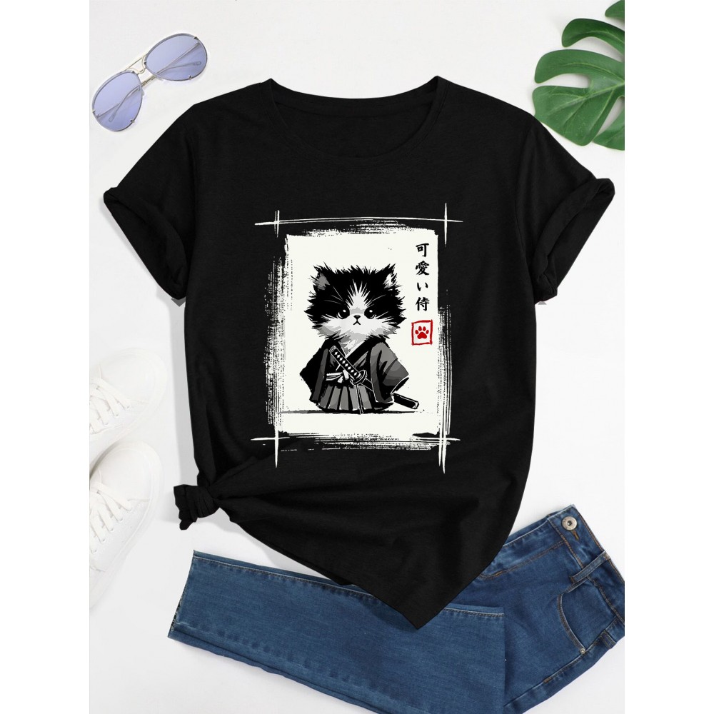 Women'S Cute Japanese Samurai Cat Poster T-Shirt - Sumi-e Art Print, Casual Crew Neck Short Sleeve Top for Summer & Spring, Soft Polyester Fabric, Casual Wear | Japanese Style Top | Smooth Texture