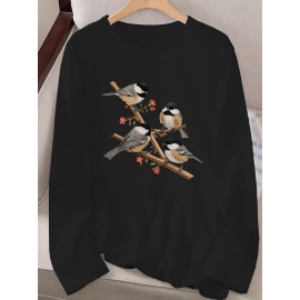 Women's Black Long Sleeve Crew Neck T-Shirt with White & Grey Titmouse Bird & Red Berry Graphic Print - Soft Casual Fall Winter Top, Machine Washable Everyday Comfortable Shirt for Nature-Inspired Outfits