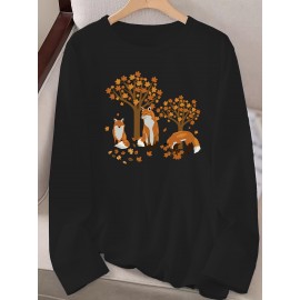 Women's Casual Long Sleeve Crew Neck T-Shirt - Fox & Autumn Leaves Graphic Print, Black with Orange Design, Medium Stretch, Machine Washable, All-Season Comfort Top, Naturethemed Apparel, Nontransparent Fabric