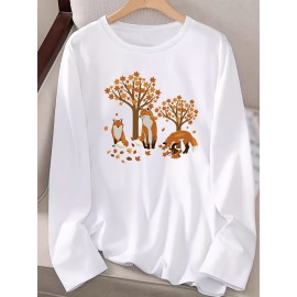 Women's Casual Long Sleeve Crew Neck T-Shirt - Fox & Autumn Leaves Graphic Print, Black with Orange Design, Medium Stretch, Machine Washable, All-Season Comfort Top, Naturethemed Apparel, Nontransparent Fabric