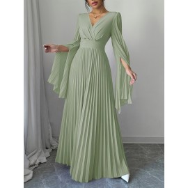 Women's Elegant Long-Sleeve V-Neck Pleated Maxi Dress with Slit for Spring/Summer