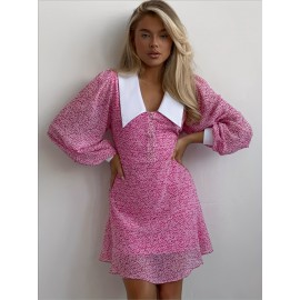 Women's Elegant Pink Floral Print Mini Dress with Peter Pan Collar & Long Sleeves - High-Waisted A-Line Button-Front Machine Washable All-Season Party & Casual Dress