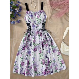 [Elegant Floral Dress] Elegant Floral A-Line Dress | Butterfly Accents, Adjustable Cross Straps, Ruched Waist, Perfect for Beach, Vacation, and Party Wear