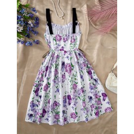 [Elegant Floral Dress] Elegant Floral A-Line Dress | Butterfly Accents, Adjustable Cross Straps, Ruched Waist, Perfect for Beach, Vacation, and Party Wear