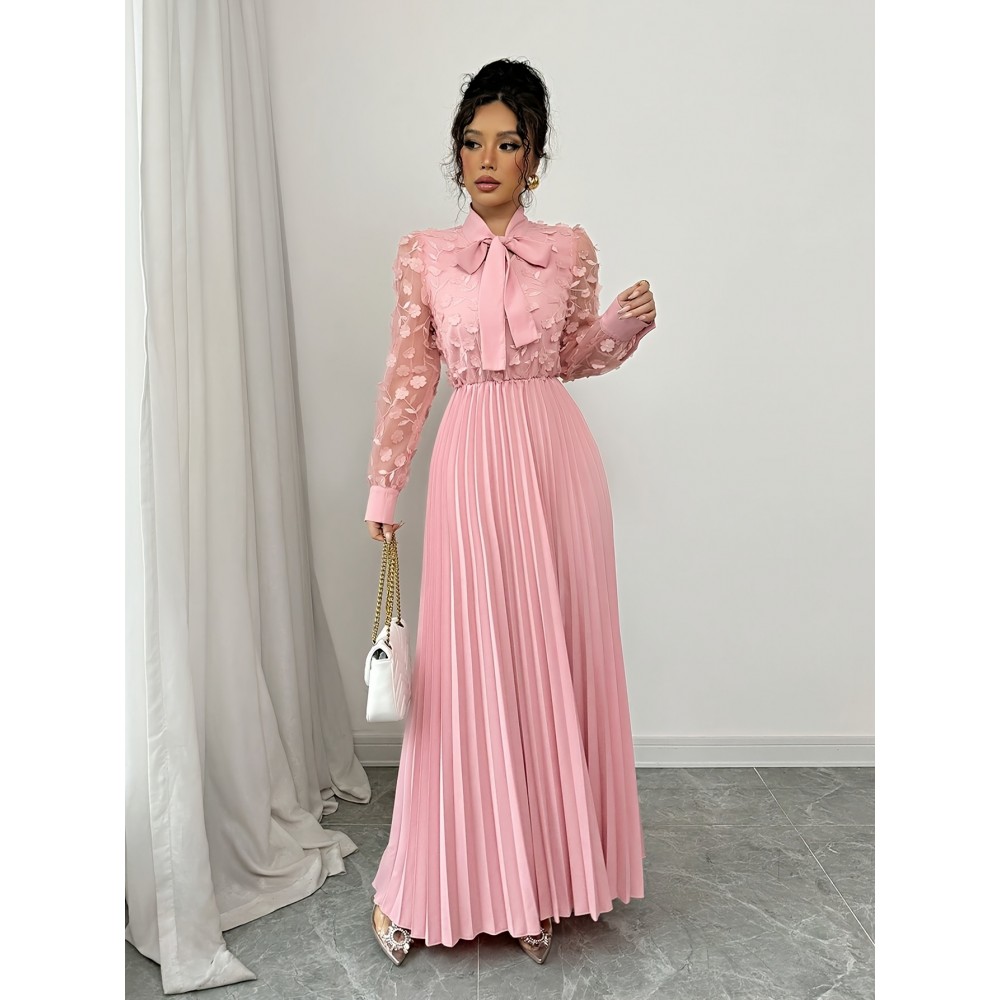 Elegant Women'S 3D Floral Mesh Dress with Bow Tie Neckline - Romantic Pink Pleated A-Line Long Sleeve Dress for Formal & Casual Occasions, Machine Washable Non-Stretch Wedding Attire, Dresses for Wedding, Formal Event Attire, Nonstretch Fabric