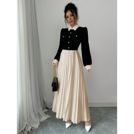 [Elegant Dress for Women] Golden Button Elegant Dress for Women with Contrasting Colors, Cinched Waist, Pleated Design and Long Sleeves, Perfect for Parties, Weddings, Music Festivals and Dates