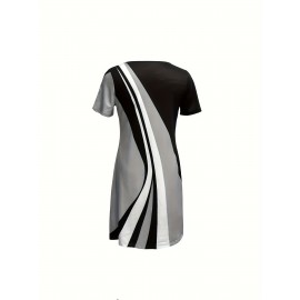 Women's Casual 3D Digital Print Striped A-Line Dress - Long Sleeve Round Neck Loose Fit with Contrast Stripes, Breathable Machine-Washable Spring/Summer Dress for Casual & Semi-Formal Occasions, Summer Fashion, Medium Elasticity Fabric