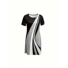 Women's Casual 3D Digital Print Striped A-Line Dress - Long Sleeve Round Neck Loose Fit with Contrast Stripes, Breathable Machine-Washable Spring/Summer Dress for Casual & Semi-Formal Occasions, Summer Fashion, Medium Elasticity Fabric
