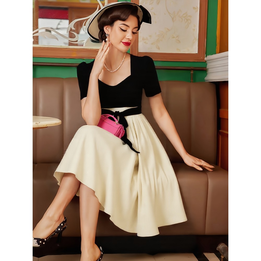 Elegant Square Neck Puff Sleeve Dress with Front Bow Detail - Black & White Color Block, A-Line Silhouette, Lightweight Summer Dress for Women, Cute Dress