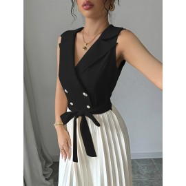 Women'S Elegant Double-Breasted Ruched Sleeveless Dress - Black and White Color Block, Polyester, A-Line Silhouette, Perfect for Spring/Summer Commute and Casual Attire, Casual Attire|Ruched Texture|Polyester Dres