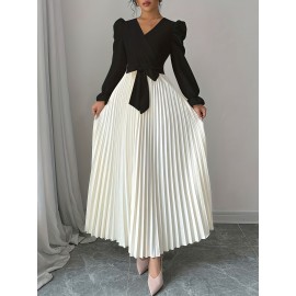 Women's Elegant V-Neck Long Sleeve A-Line Dress with Waist Tie Belt - Pleated Skirt, Machine Washable Solid Color, Spring/Summer Versatile Casual to Formal Wear, Spring Event Attire, Nontransparent Fabric, No Stretch Material