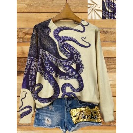 Women's Sweater - Long Sleeve Pullover Sweater with Navy Blue Octopus Tentacle Print, Elegant Casual Chic Sweater for Everyday Formal Outfits, Versatile Clothing, Unique Design, Soft Texture, Printed Top, Trend Followers