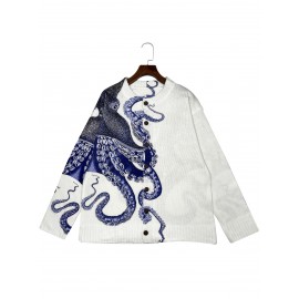 Women's 3D Printed Octopus Cardigan - Fashion All-Over Blue & White Tentacle Design, Button Front Round Neck Sweater for All-Season Wear, Casual Wear, Stylish Outerwear, Bold Pattern, Textured, Comfortable Fit
