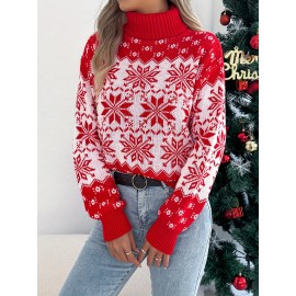 1pc Acrylic Elegant High Neck Long Sleeve Christmas Sweater for Women - Color Block Knit Fabric with Snowflake Pattern, Fall/Winter Season Pullover