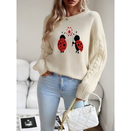 Women'S Cozy Beige Sweater with Adorable Ladybug Print - Long Sleeve, Crew Neck, Loose Fit, Perfect for Fall & Winter, Casual Style, Casual Winter Wear | Playful Print Top | Construction, Sweater Dress