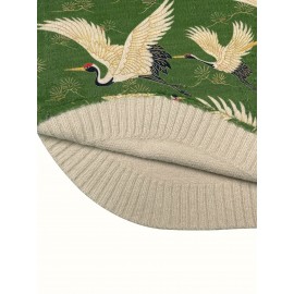 [All-Over Print] [Thick] [Round Hem] [Sweater] All-Over Print Red-crowned Crane Pattern Thick, Casual Crew Neck Long Sleeve Sweater, Round Hem, Women's Clothing