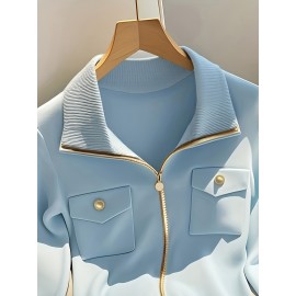 [Elegant Cardigan] Chic Elegant High-Neck Zip-Up Cardigan for Women | Long Sleeve Sweater with Chain Detail, Solid Blue, Perfect for Fall/Winter