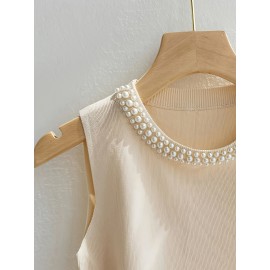 Women'S Elegant Beaded Sleeveless Vest - Solid Color Crew Neck Pullover for Spring/Summer/Fall, Chic Layering Piece with Pearl Embellishments