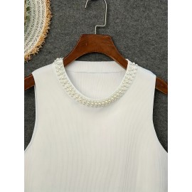 Women'S Elegant Beaded Sleeveless Vest - Solid Color Crew Neck Pullover for Spring/Summer/Fall, Chic Layering Piece with Pearl Embellishments