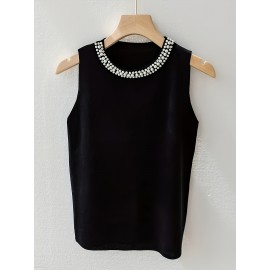Women'S Elegant Beaded Sleeveless Vest - Solid Color Crew Neck Pullover for Spring/Summer/Fall, Chic Layering Piece with Pearl Embellishments