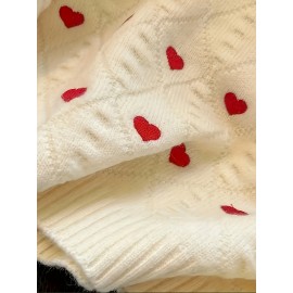 Women's Cozy Winter Sweater with Red Heart Patterns - Cute Round Neck Pullover, Soft Warm for Fall & Winter, Casual Chic Outfits, Cute Sweater, Comfortable Outfit, Details