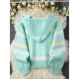 [Cute Sweater] Cozy White Hooded Cardigan Sweater | Women's Casual Pullover with Pastel Rainbow Stripes, Button Front Placket & Pom-Pom Detail, Medium Elasticity, Relaxed Fit, Comfortable Texture, Stylish, Fall Winter Layering Piece