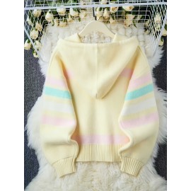 [Cute Sweater] Cozy White Hooded Cardigan Sweater | Women's Casual Pullover with Pastel Rainbow Stripes, Button Front Placket & Pom-Pom Detail, Medium Elasticity, Relaxed Fit, Comfortable Texture, Stylish, Fall Winter Layering Piece