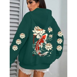 Women's Koi Fish & for Lotus Zip-Up Hoodie Jacket - Dark Green/Red Accents, Front Pockets, Machine Washable Zippered Hooded Sweatshirt for Fall/Winter Casual & Formal Outfits, Winter Wear, Artistic Design, Soft Material, Trend Followers