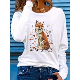 Women's Fox & Floral Graphic Print Long Sleeve T-Shirt - Soft Stretch Crew Neck Casual Top for Spring & Fall, Machine Washable Regular Fit, Medium Elasticity Shirt