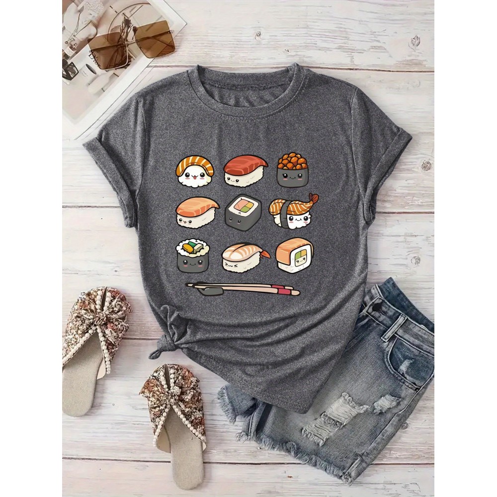 Women'S Casual Sushi Print T-Shirt - Short Sleeve Crew Neck, Vibrant Japanese Food Design, Machine Washable, Perfect for Spring/Summer Outings & Beach Vacations, Beachwear Tshirt | Playful Print Top | Machine Washable Top, Sushi Tshirt
