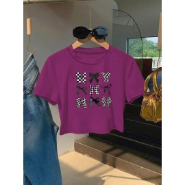 Women'S Slim Fit Bow Print Crop Top T-Shirt - Short Sleeve Crew Neck Casual Tee, Lightweight & Breathable for Spring/Summer Outfits, Machine Washable, Everyday Fashion, Everyday Tshirt | Bow Print Shirt | Glossy Texture