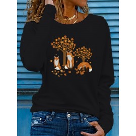 Women's Casual Long Sleeve Crew Neck T-Shirt - Fox & Autumn Leaves Graphic Print, Black with Orange Design, Medium Stretch, Machine Washable, All-Season Comfort Top, Naturethemed Apparel, Nontransparent Fabric