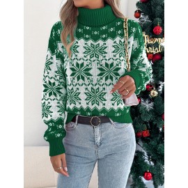 1pc Acrylic Elegant High Neck Long Sleeve Christmas Sweater for Women - Color Block Knit Fabric with Snowflake Pattern, Fall/Winter Season Pullover
